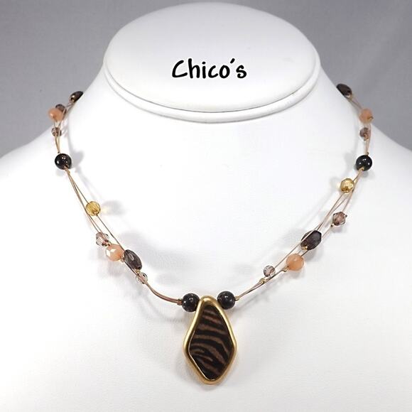 Vintage Chico's Animal Print Pendant Beaded Wire Necklace, 20 Inches - Picture 1 of 5